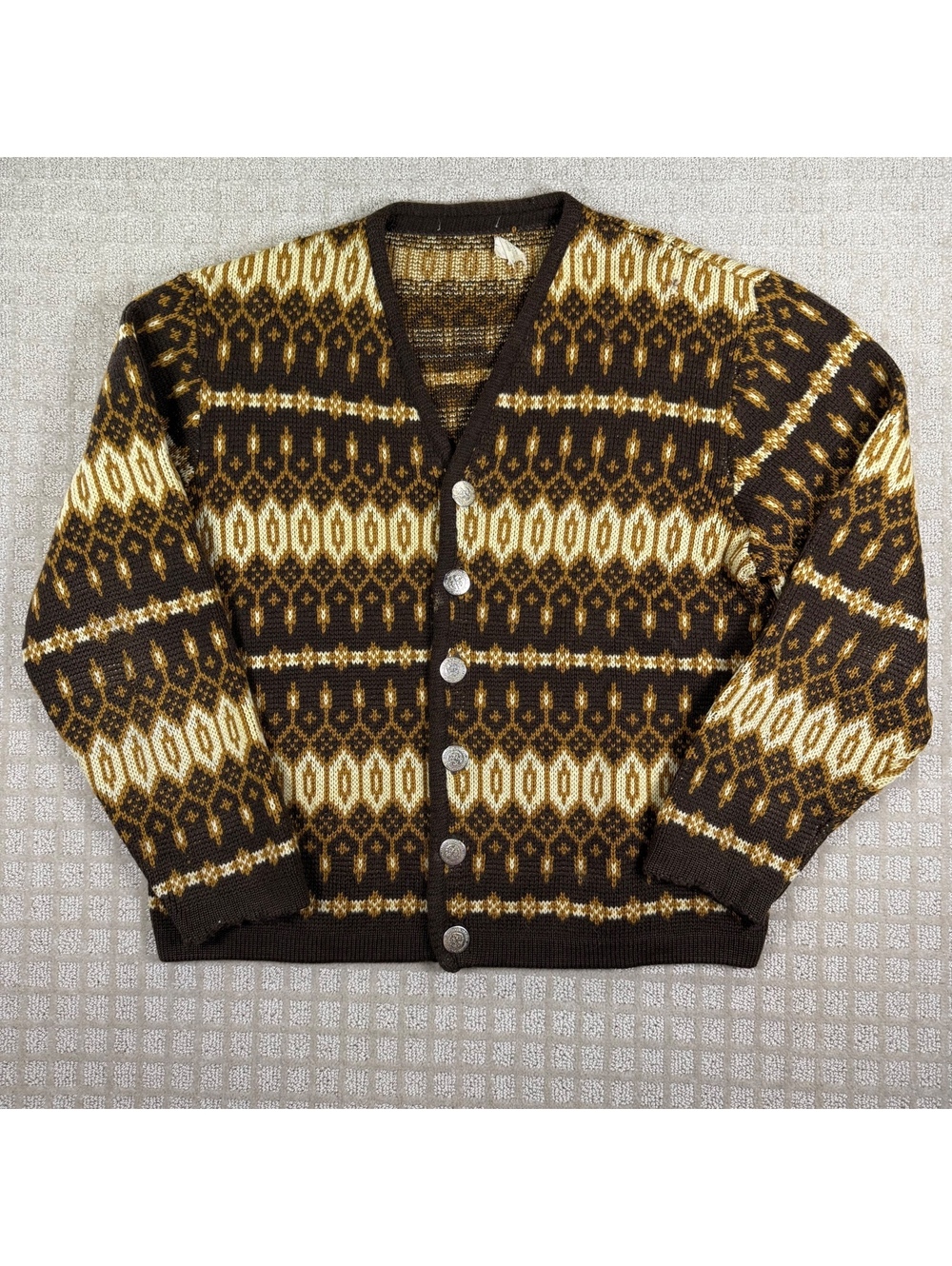 Brown patterned pure virgin wool cardigan large